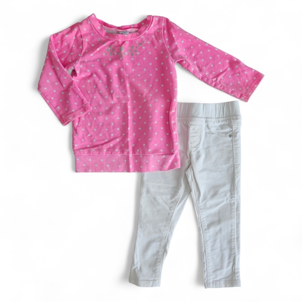 Carter’s Toddler Girl Pink Polka Dot Top + George White Jeggings Size 2